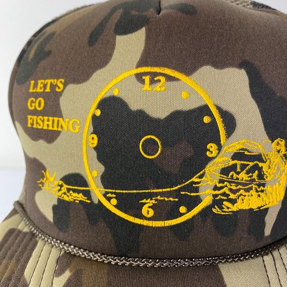 Vintage Let's Go Fishing Hat Camo Outdoor Snapback Trucker Cap Mesh 80s - Picture 2 of 8